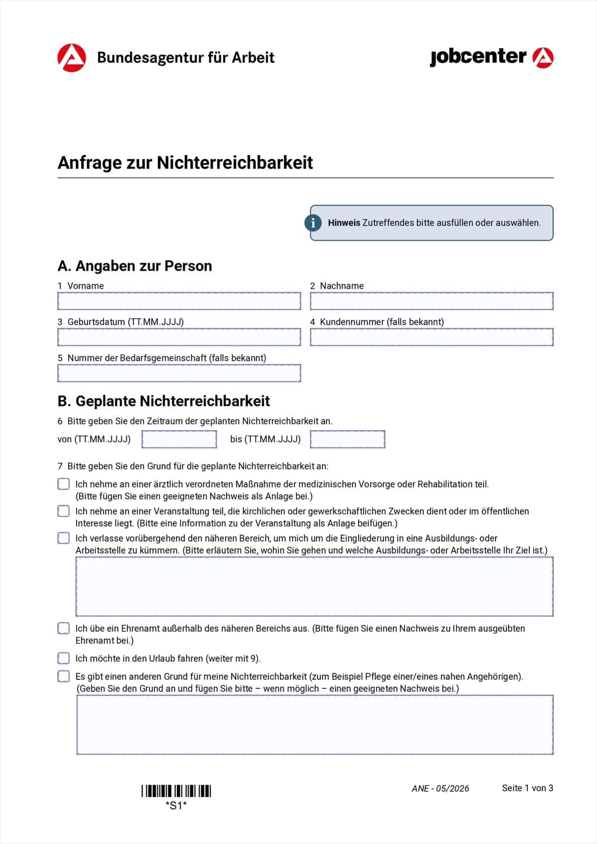 Formular ANE Seite 1: Abschnitt A persönliche Daten und Abschnitt B mit Zeitraum und Grund der geplanten Nichterreichbarkeit, Punkte 1 bis 7