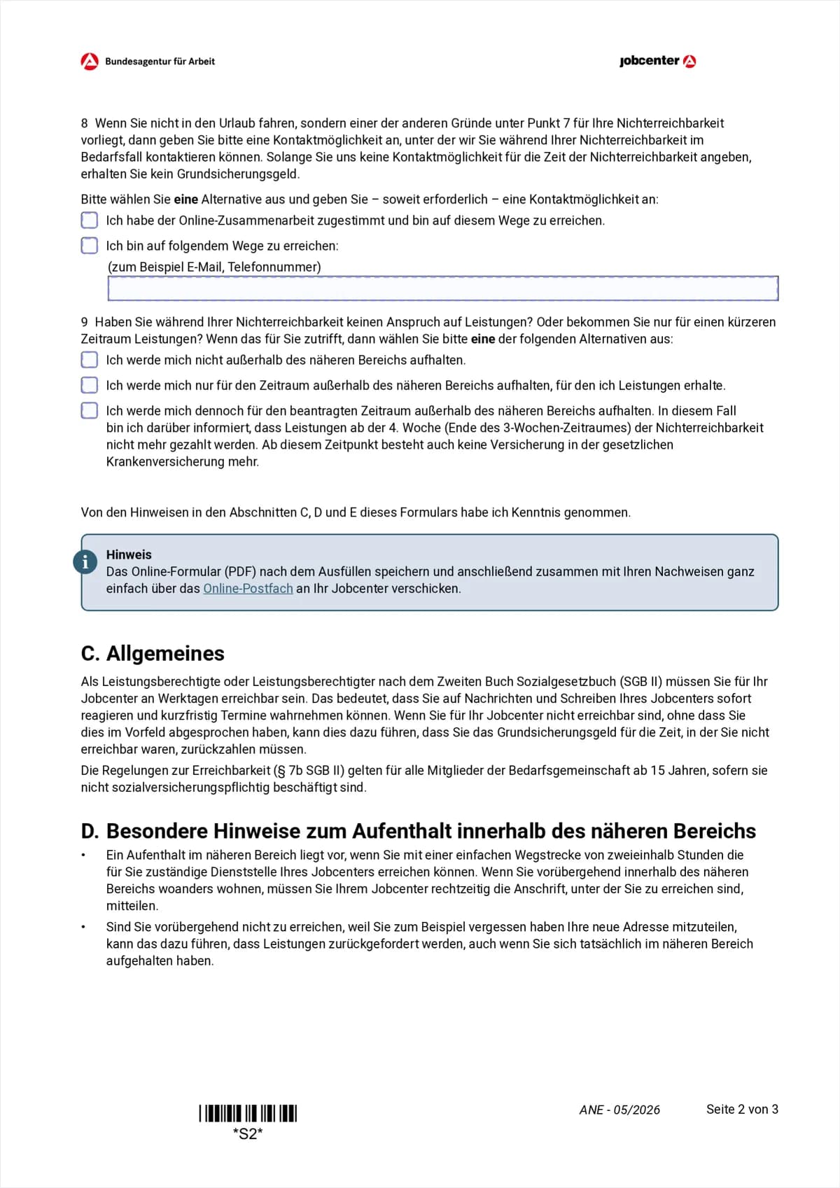 Formular ANE Seite 2: Punkt 8 Kontaktmöglichkeit, Punkt 9 Leistungsanspruch, Abschnitt C Allgemeines