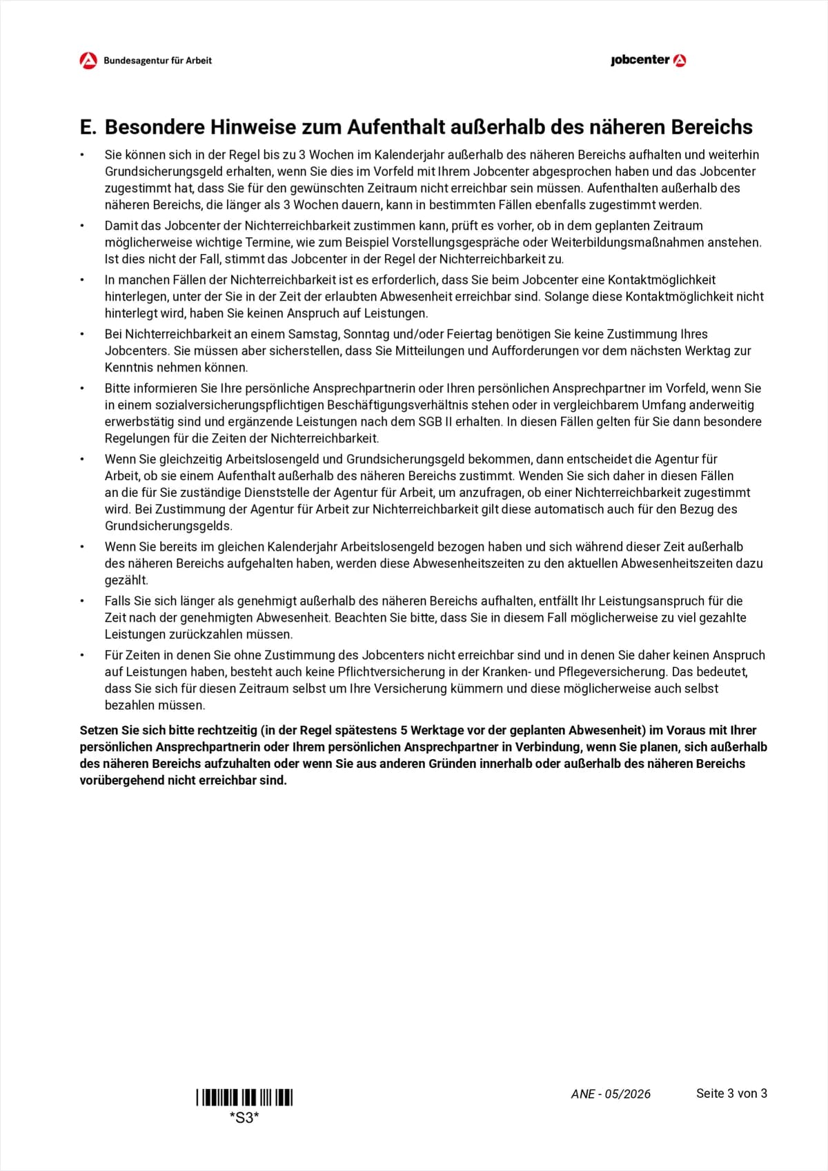Formular ANE Seite 3: Abschnitt E mit den Hinweisen zum Aufenthalt außerhalb des näheren Bereichs