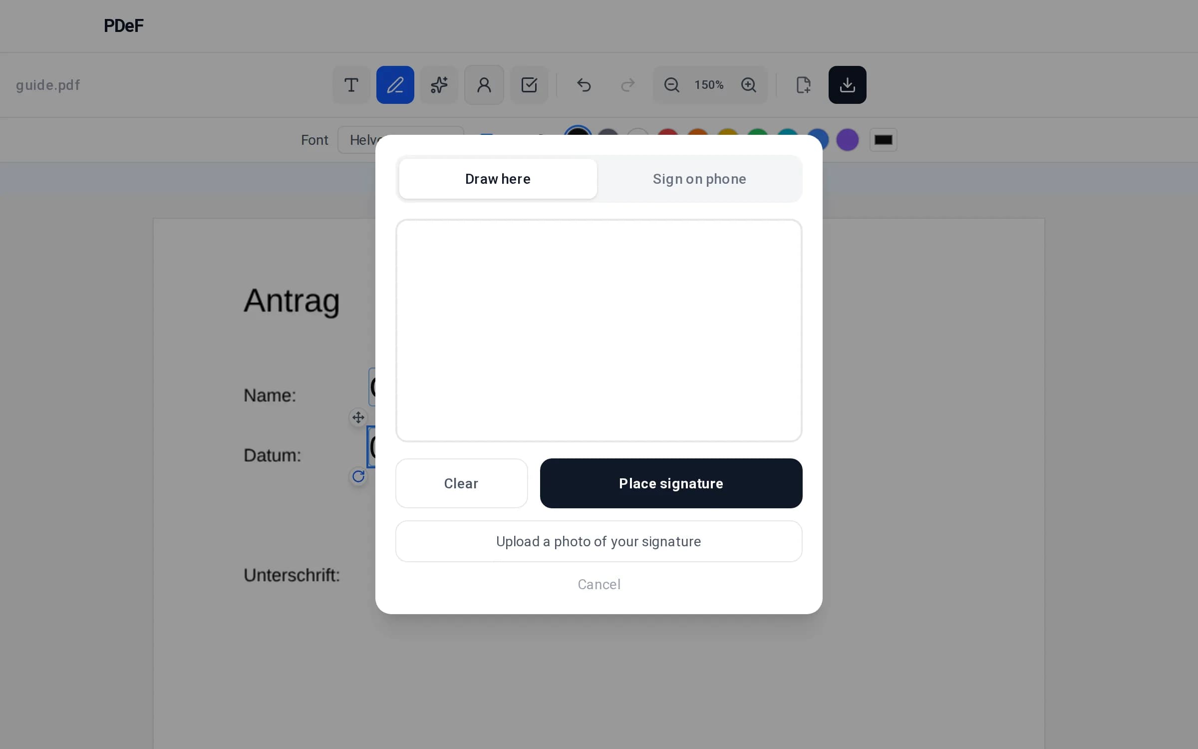 Unterschrift im PDeF-Editor zeichnen oder per QR-Code vom Handy erfassen