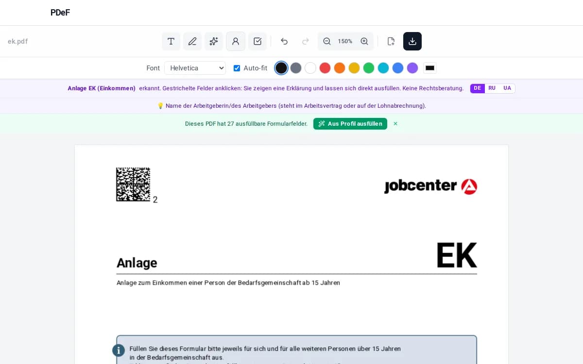Anlage EK im PDeF-Editor: erkanntes Formular mit Felderklärung zu Lohn und Fahrtkosten