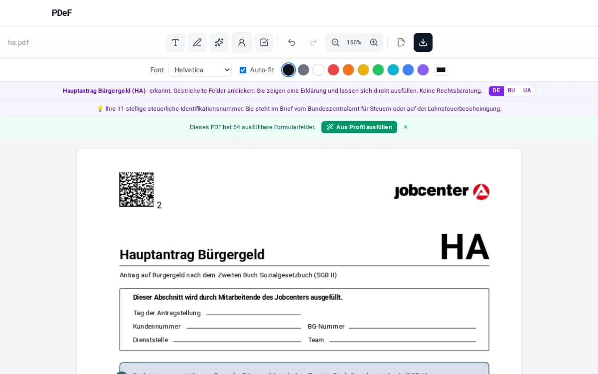 Hauptantrag Bürgergeld im PDeF-Editor: erkanntes Formular mit Felderklärung auf Deutsch, Russisch und Ukrainisch