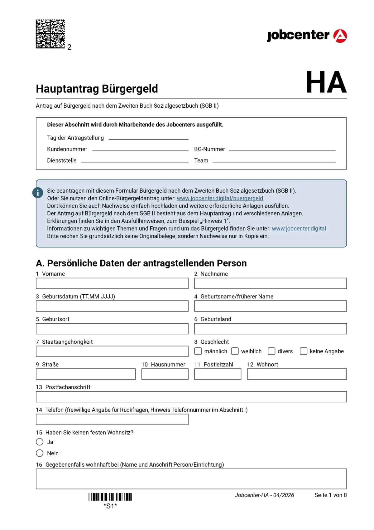 Hauptantrag Bürgergeld Seite 1: Abschnitt A mit den persönlichen Angaben, Punkte 1 bis 16