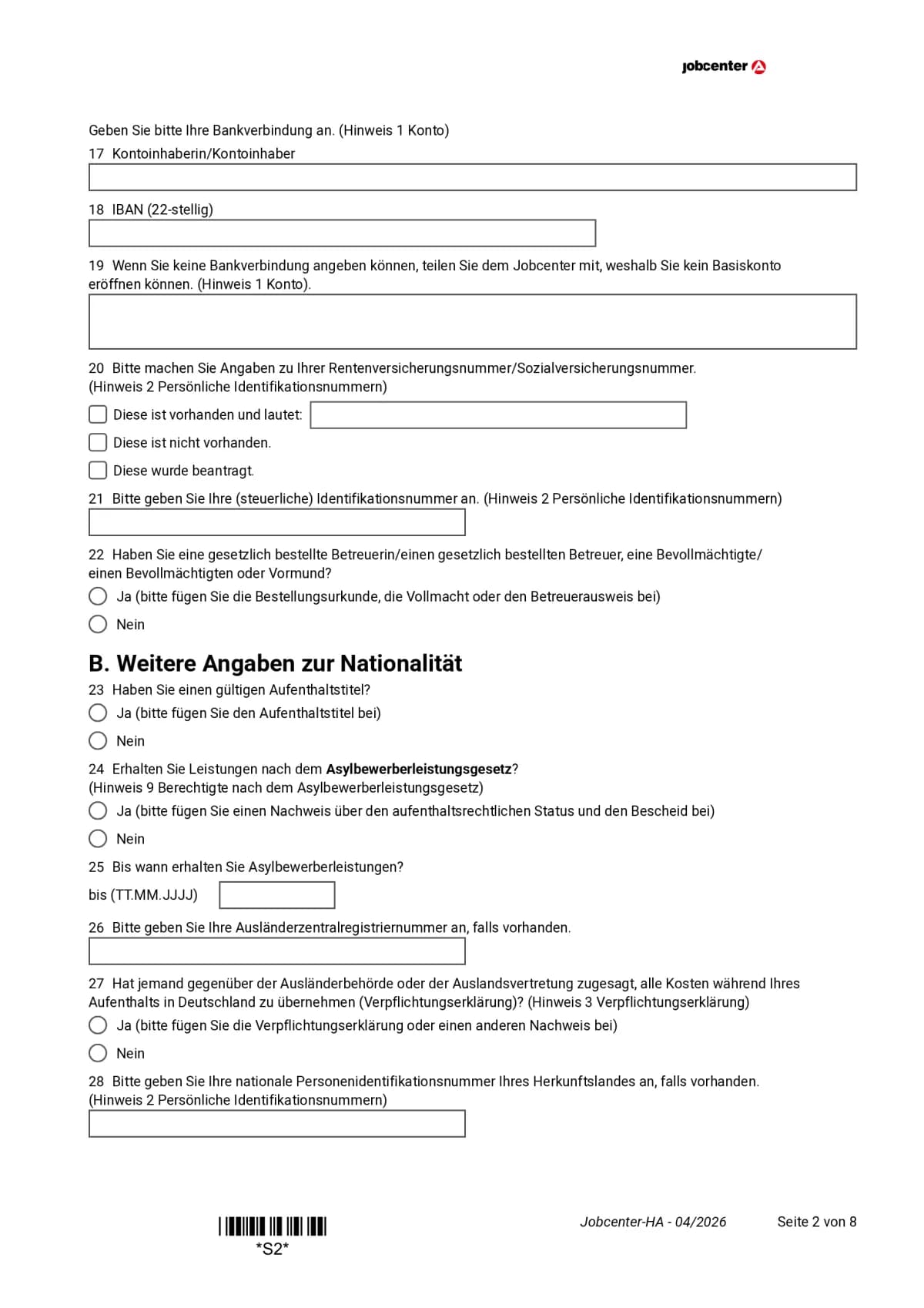Hauptantrag Bürgergeld Seite 2: Bankverbindung, Rentenversicherungsnummer, Steuer-ID und Abschnitt B, Punkte 17 bis 28