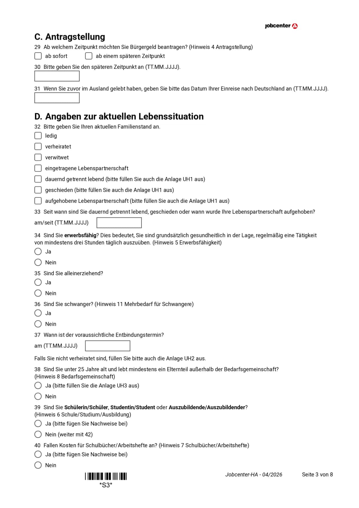 Hauptantrag Bürgergeld Seite 3: Abschnitt C zur Antragstellung und Abschnitt D zum Familienstand, Punkte 29 bis 40