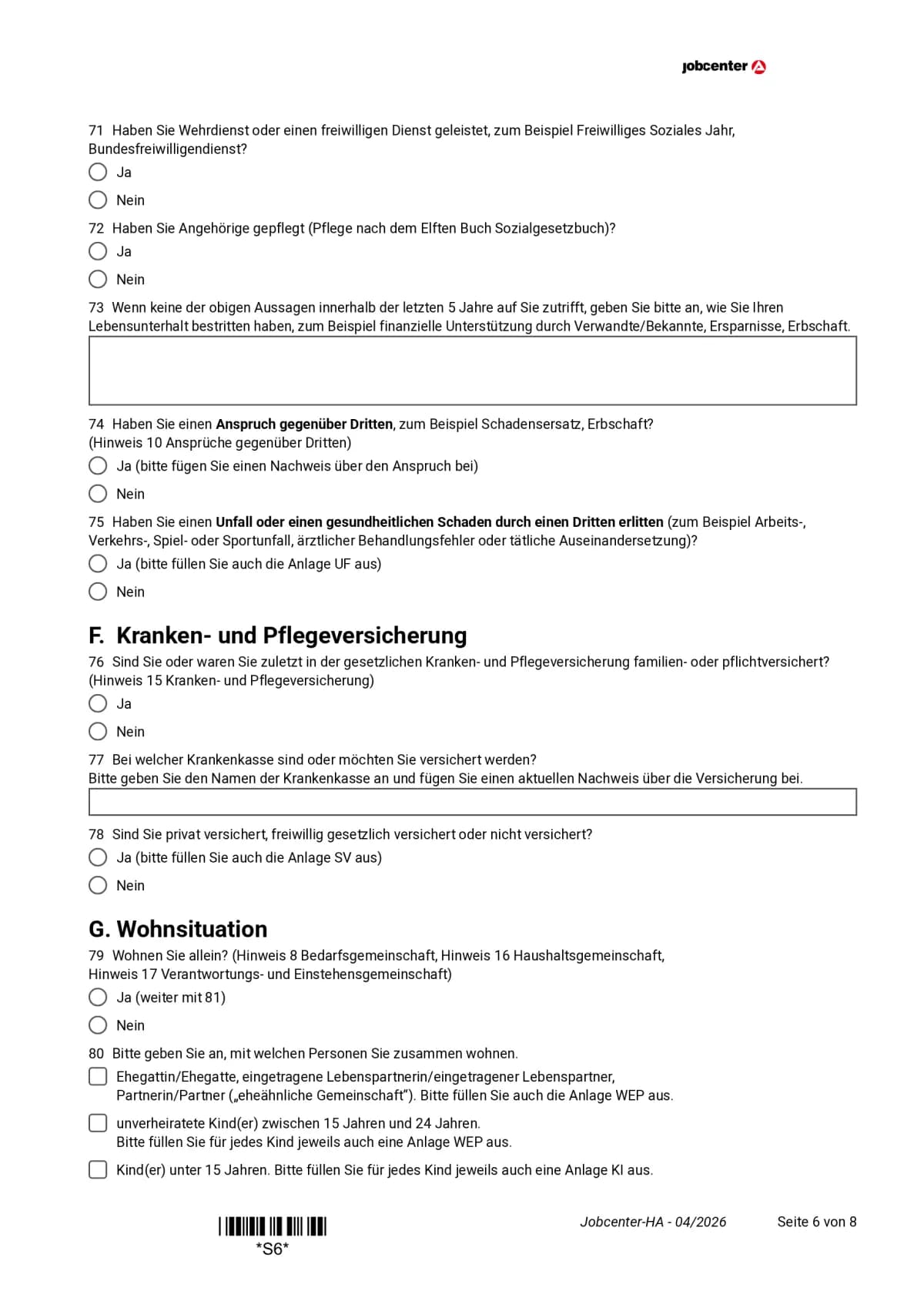 Hauptantrag Bürgergeld Seite 6: Krankenkasse und Angaben dazu, mit wem Sie zusammenleben, Punkte 71 bis 80