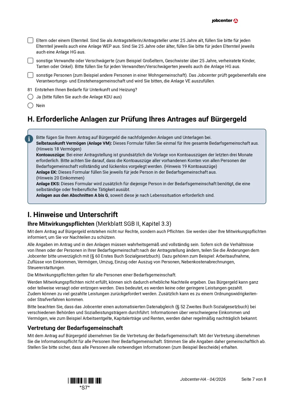 Hauptantrag Bürgergeld Seite 7: Punkt 81 zu den Wohnkosten, Abschnitt H mit der Anlagenliste, Abschnitt I zu den Pflichten