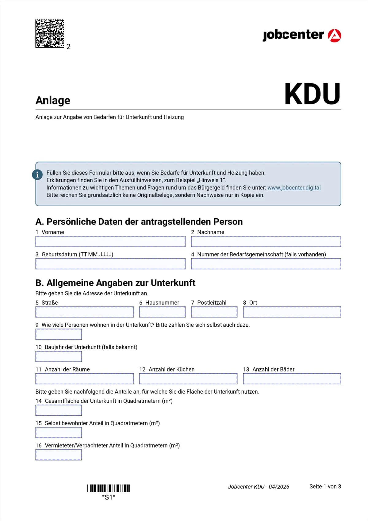 Anlage KDU Seite 1: persönliche Daten und allgemeine Angaben zur Unterkunft, Punkte 1 bis 16