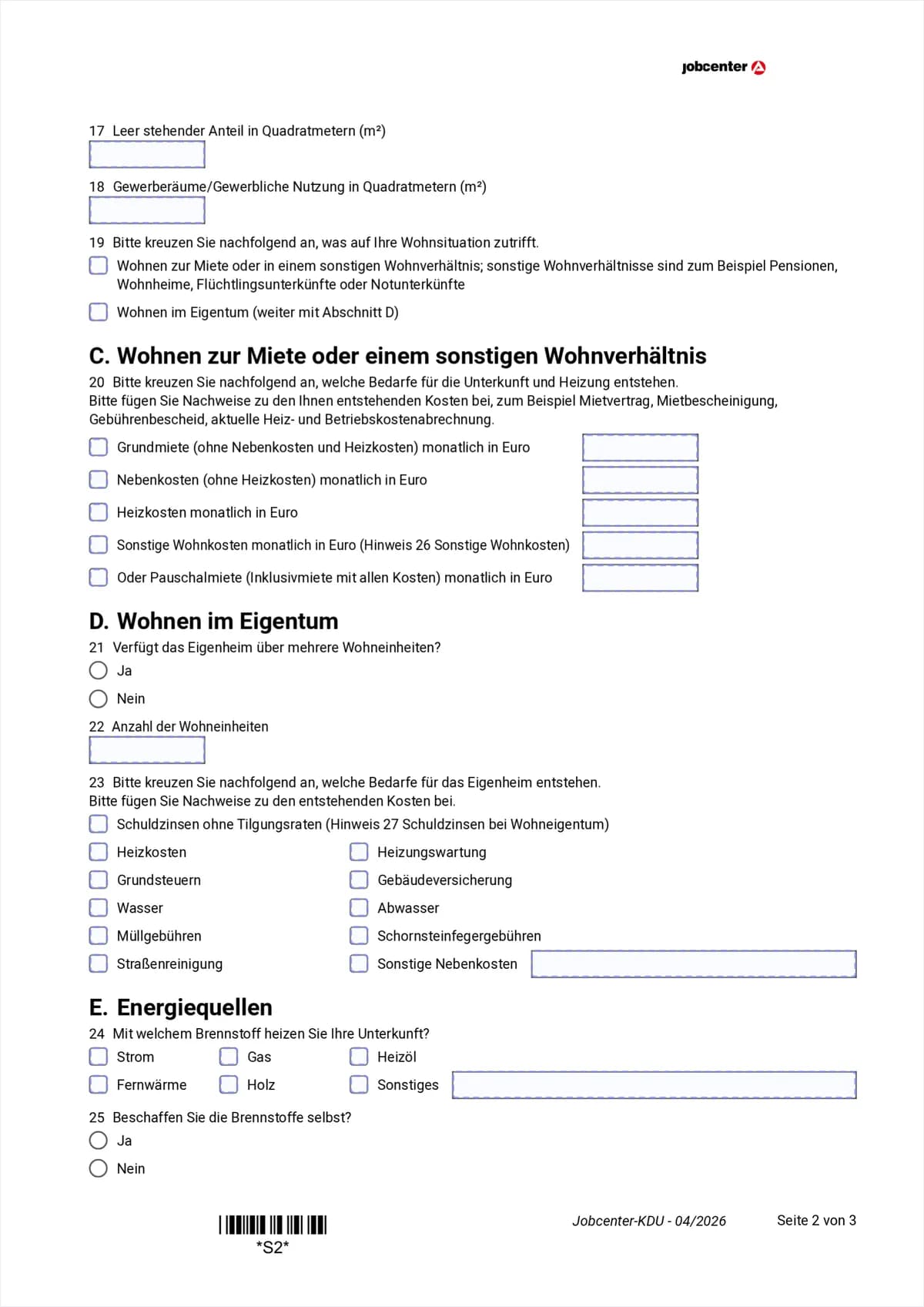 Anlage KDU Seite 2: Wohnsituation, Mietkosten, Eigentumskosten und Energiequellen, Punkte 17 bis 25