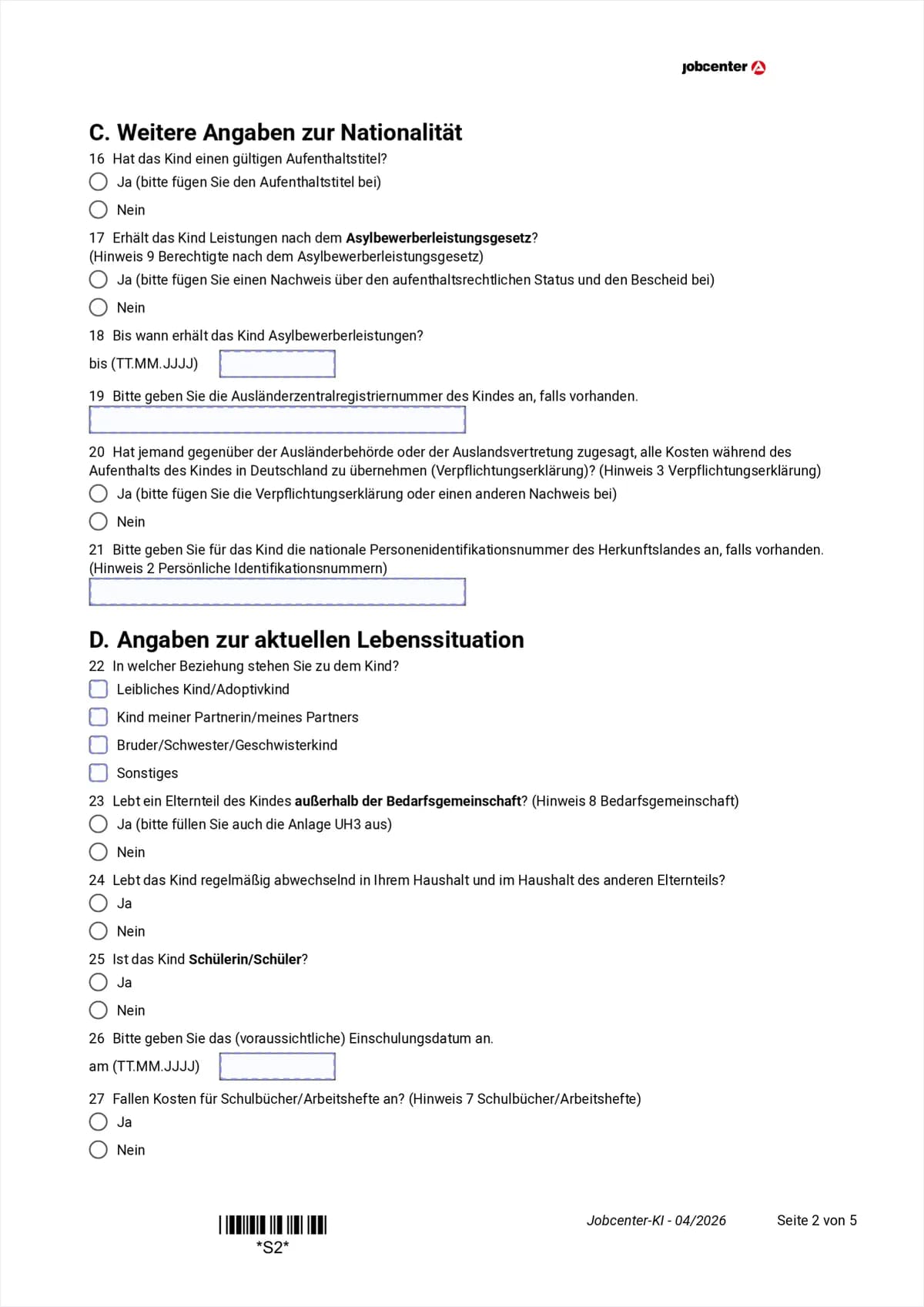 Anlage KI Seite 2: Abschnitt C zur Nationalität und Abschnitt D zur Lebenssituation, Punkte 16 bis 27