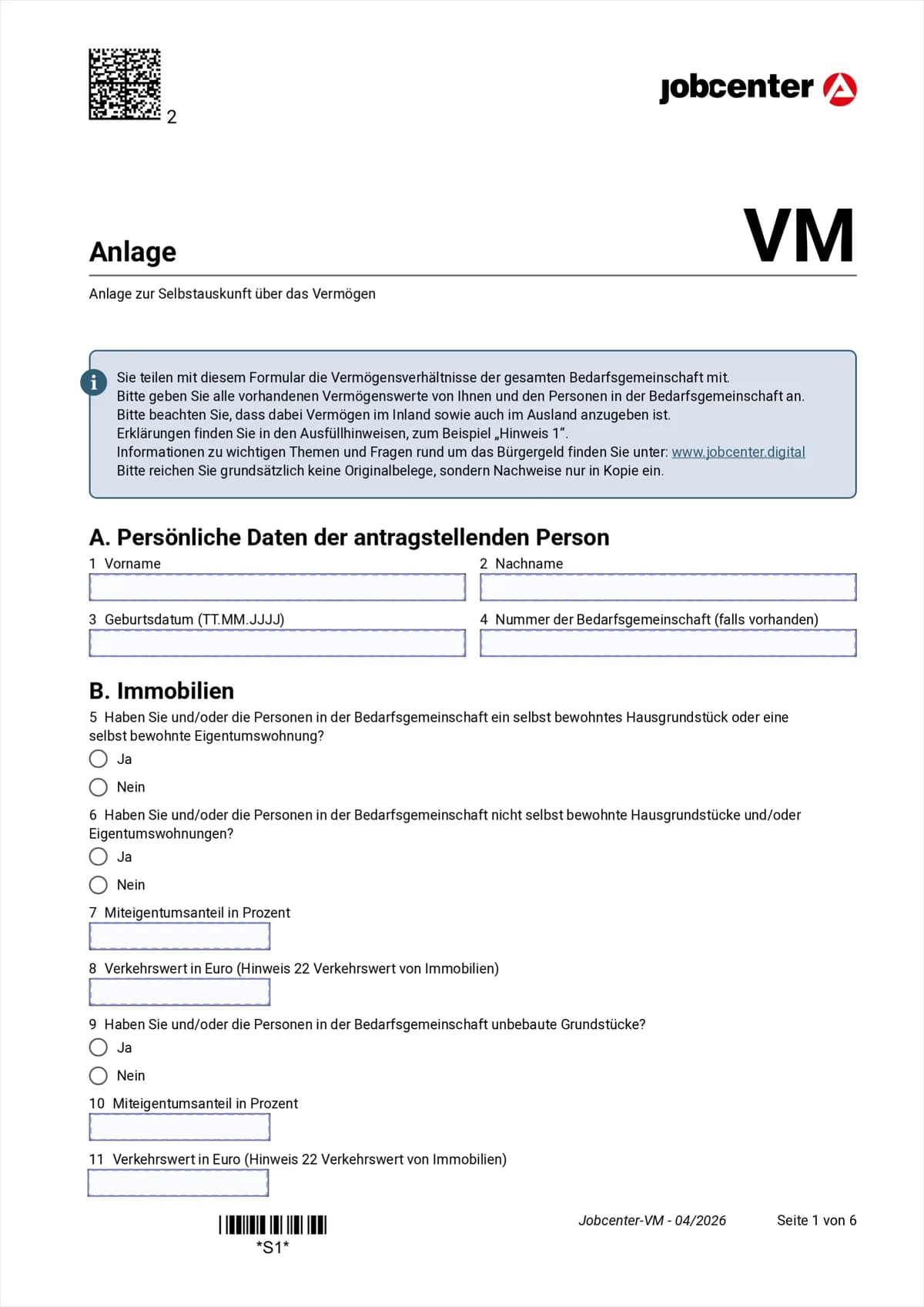 Anlage VM Seite 1: Abschnitt A persönliche Daten und Abschnitt B Immobilien, Punkte 1 bis 11