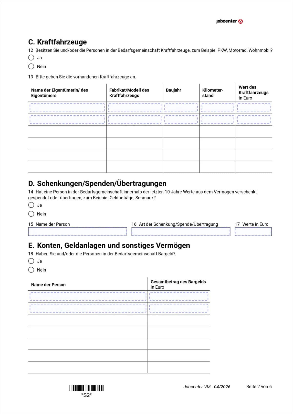 Anlage VM Seite 2: Abschnitt C Kraftfahrzeuge, Abschnitt D Schenkungen, Beginn von Abschnitt E mit dem Bargeld, Punkte 12 bis 18