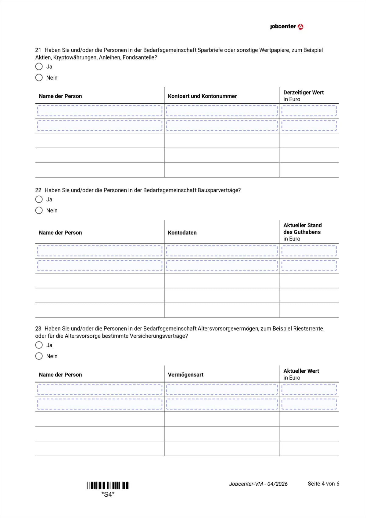 Anlage VM Seite 4: Sparbriefe und Wertpapiere, Bausparverträge, Altersvorsorgevermögen, Punkte 21 bis 23