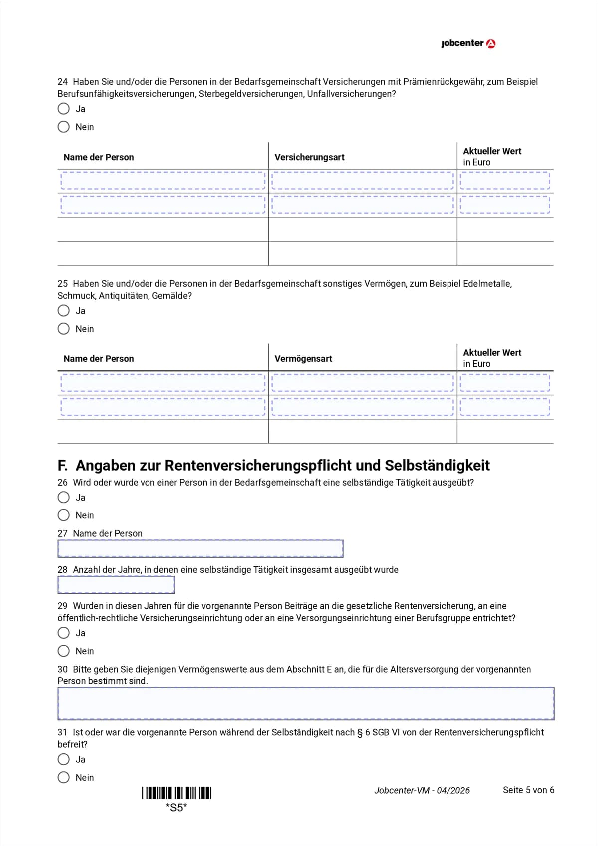 Anlage VM Seite 5: Versicherungen mit Prämienrückgewähr, sonstiges Vermögen, Abschnitt F zur Rentenversicherungspflicht, Punkte 24 bis 29