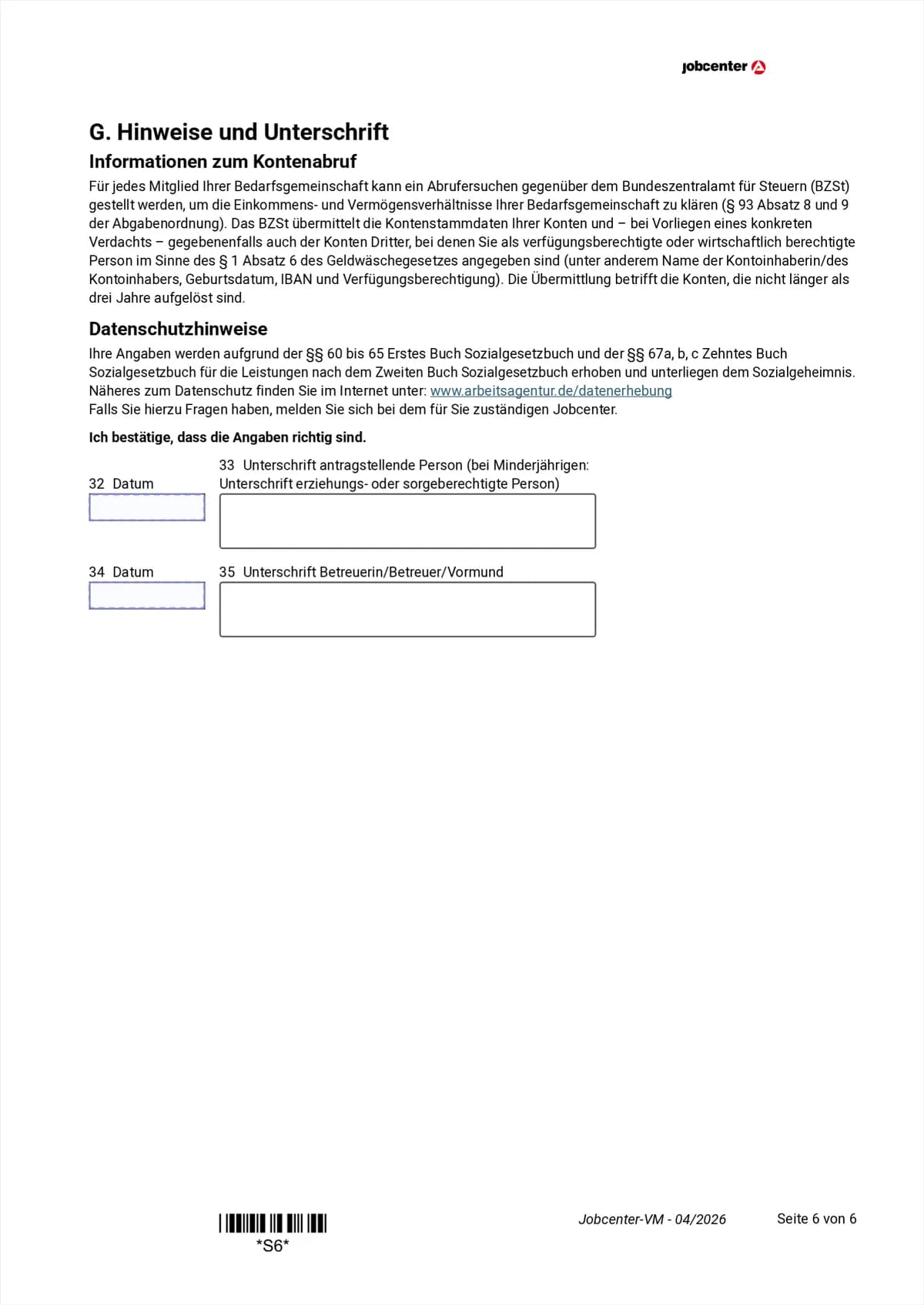 Anlage VM Seite 6: Ende von Abschnitt F, Datenschutzhinweise, Datum und Unterschrift