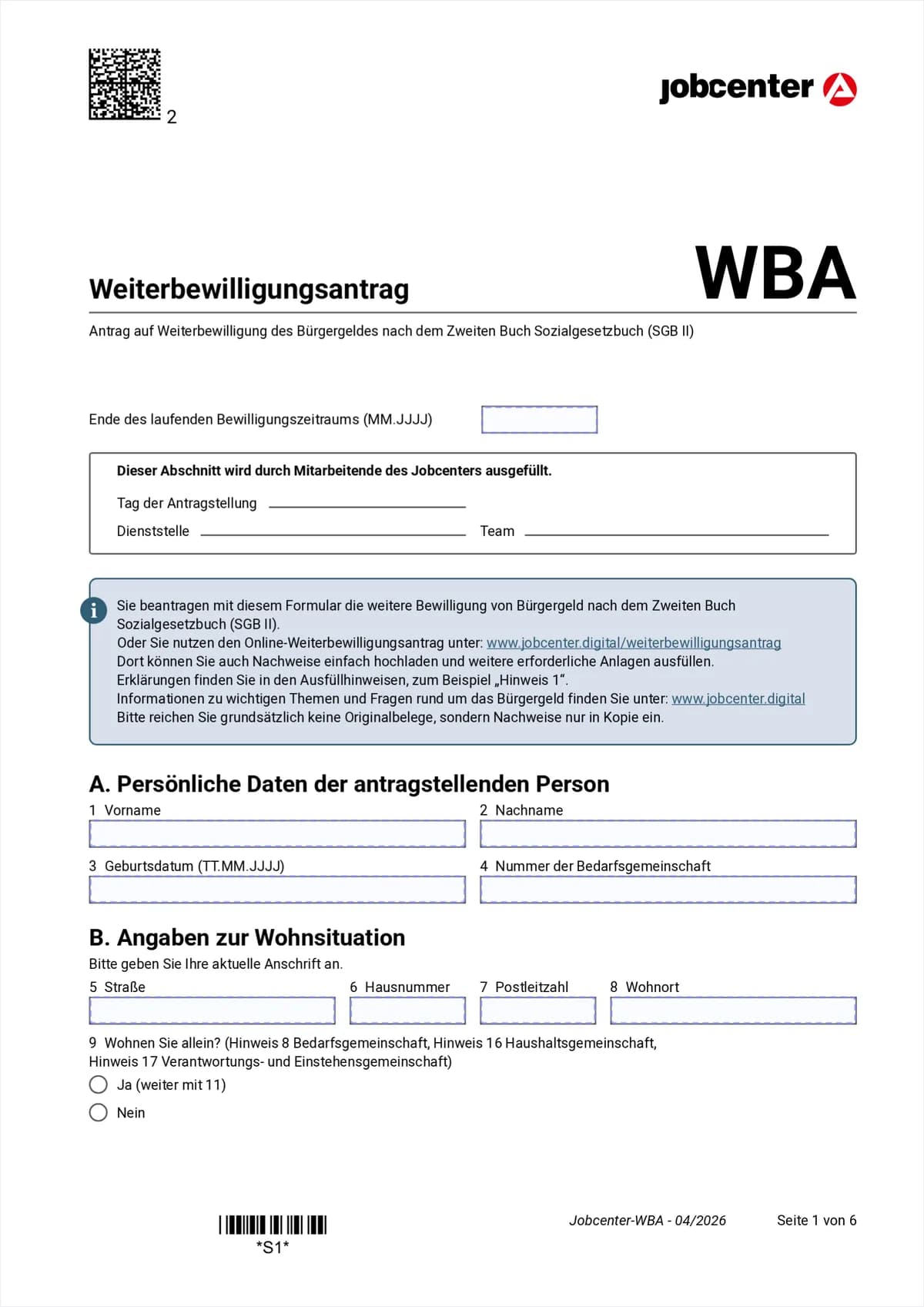 Weiterbewilligungsantrag Seite 1: Ende des Bewilligungszeitraums, Abschnitt A persönliche Daten, Abschnitt B Anschrift, Punkte 1 bis 9