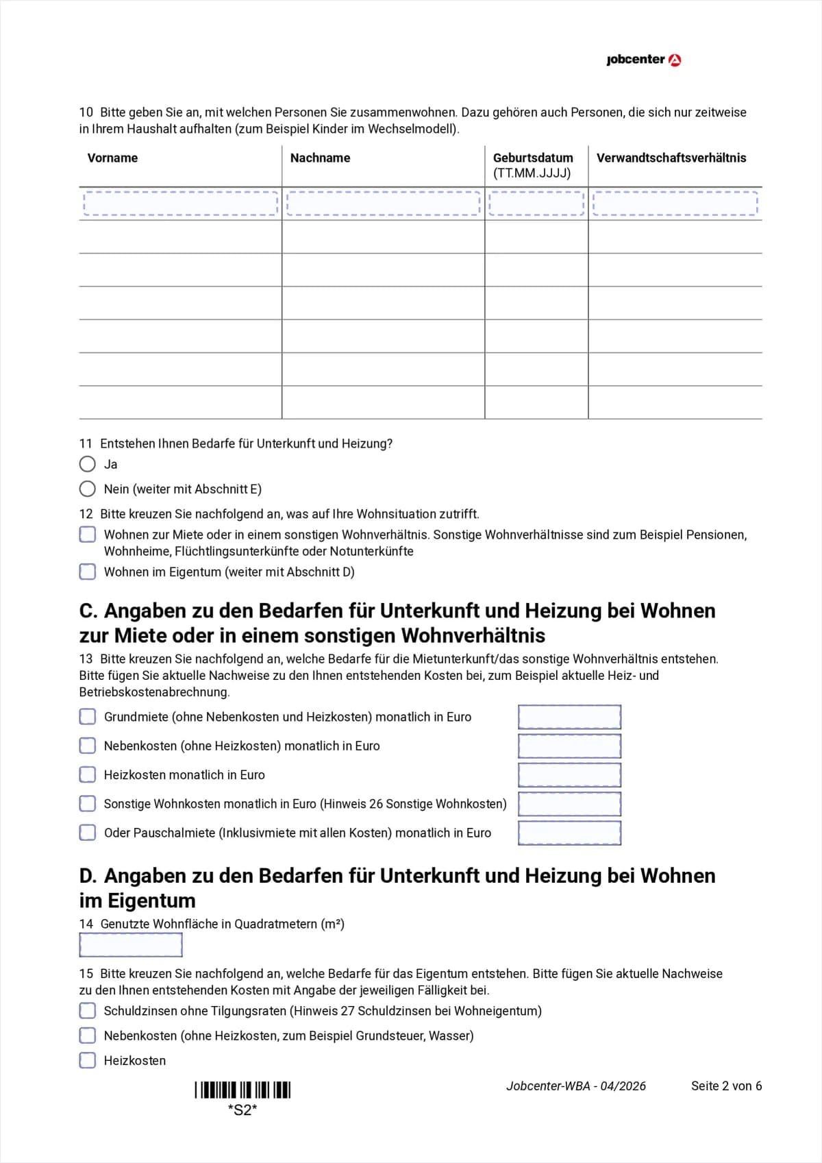 Weiterbewilligungsantrag Seite 2: Tabelle der Mitbewohner, Bedarfe für Unterkunft und Heizung, Miete und Eigentum, Punkte 10 bis 15