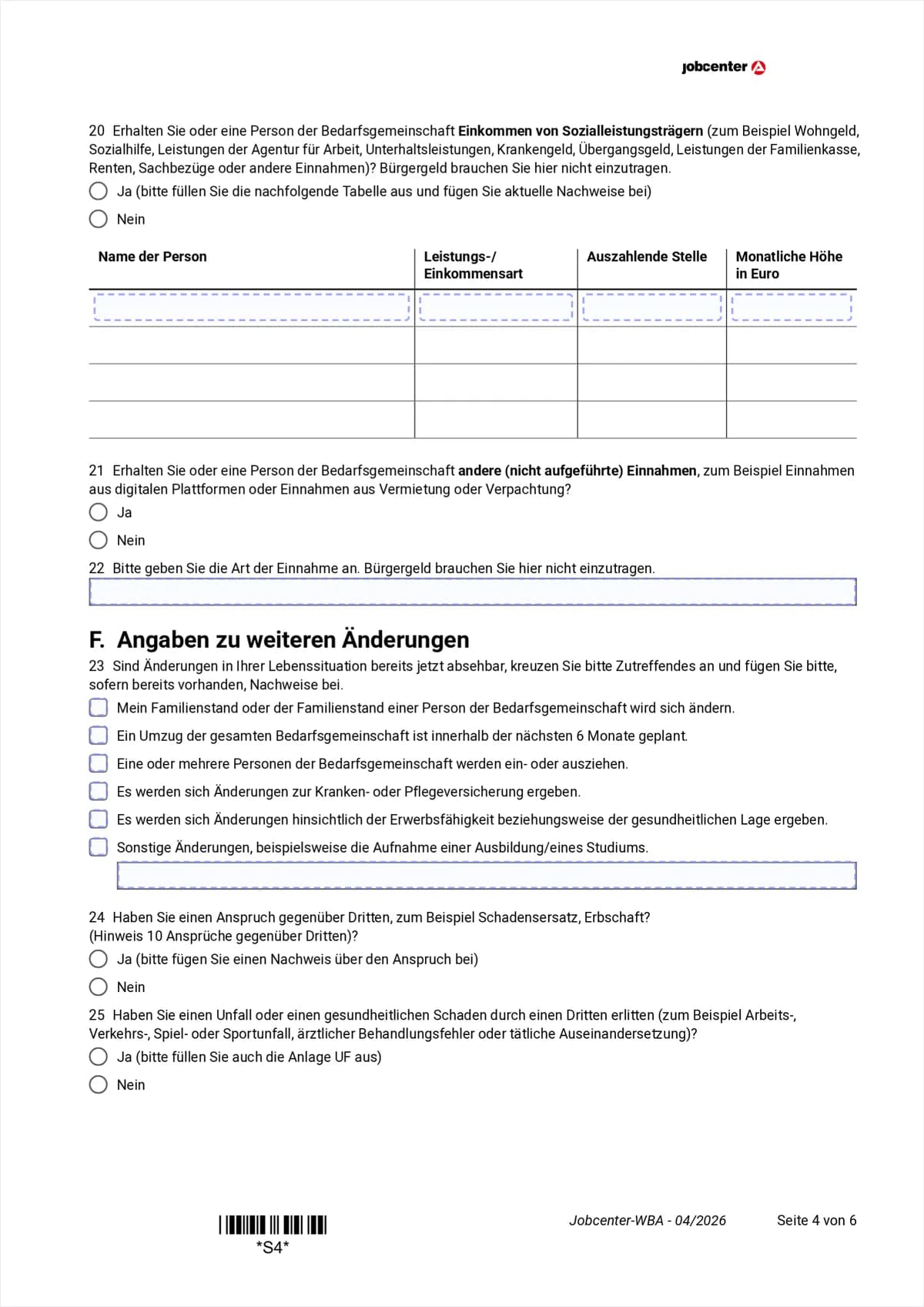 Weiterbewilligungsantrag Seite 4: Einkommen von Sozialleistungsträgern, andere Einnahmen, Abschnitt F mit absehbaren Änderungen, Punkte 20 bis 25