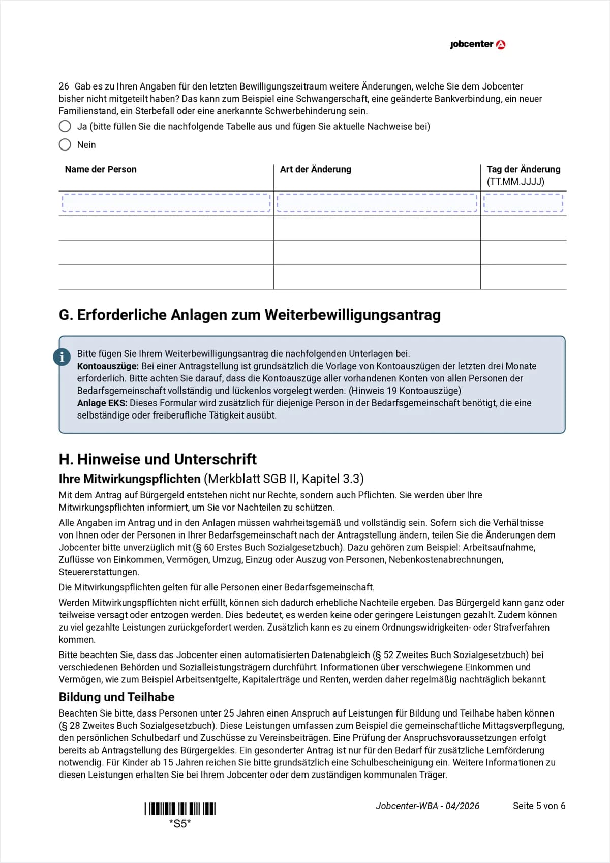 Weiterbewilligungsantrag Seite 5: nachträglich zu meldende Änderungen des letzten Bewilligungszeitraums, Punkt 26