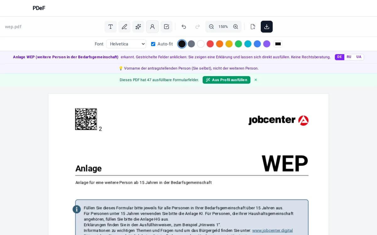 Anlage WEP im PDeF-Editor: erkanntes Formular mit Felderklärung zur weiteren Person