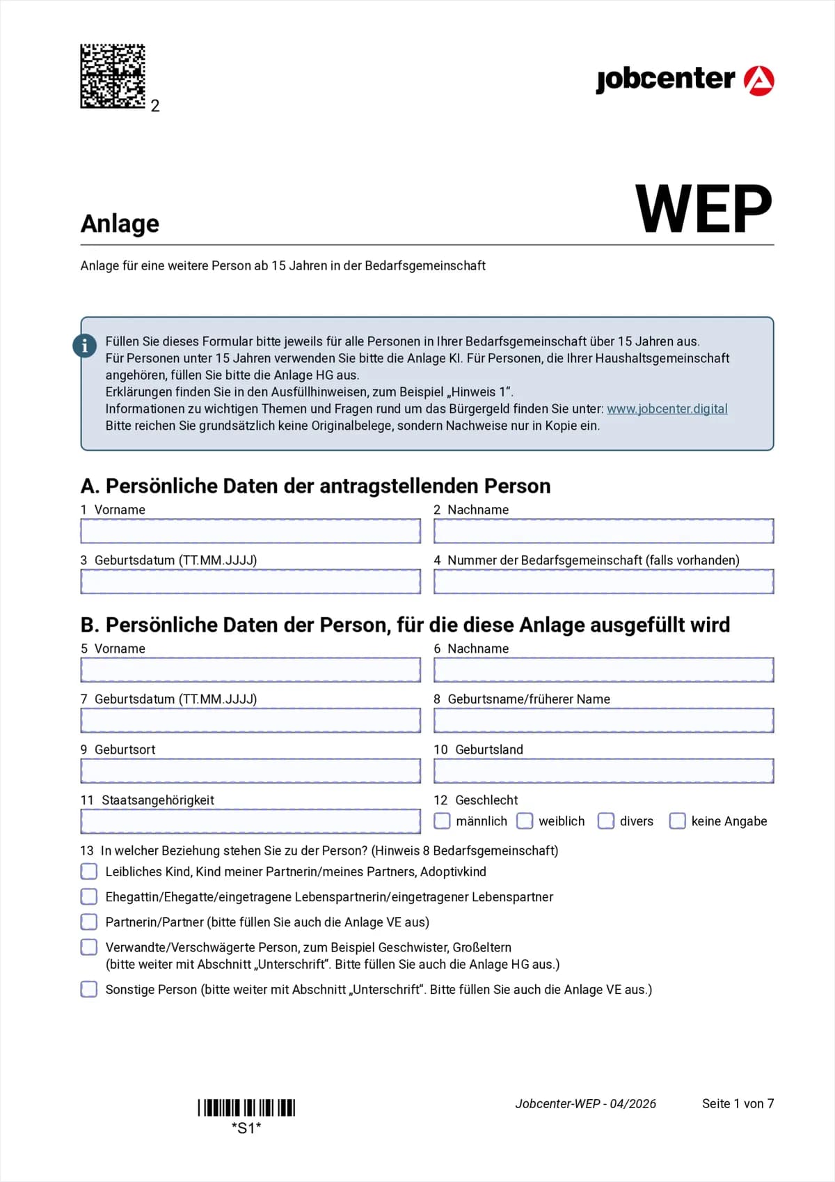 Anlage WEP Seite 1: Abschnitt A antragstellende Person, Abschnitt B die weitere Person, Beziehungsfrage, Punkte 1 bis 13
