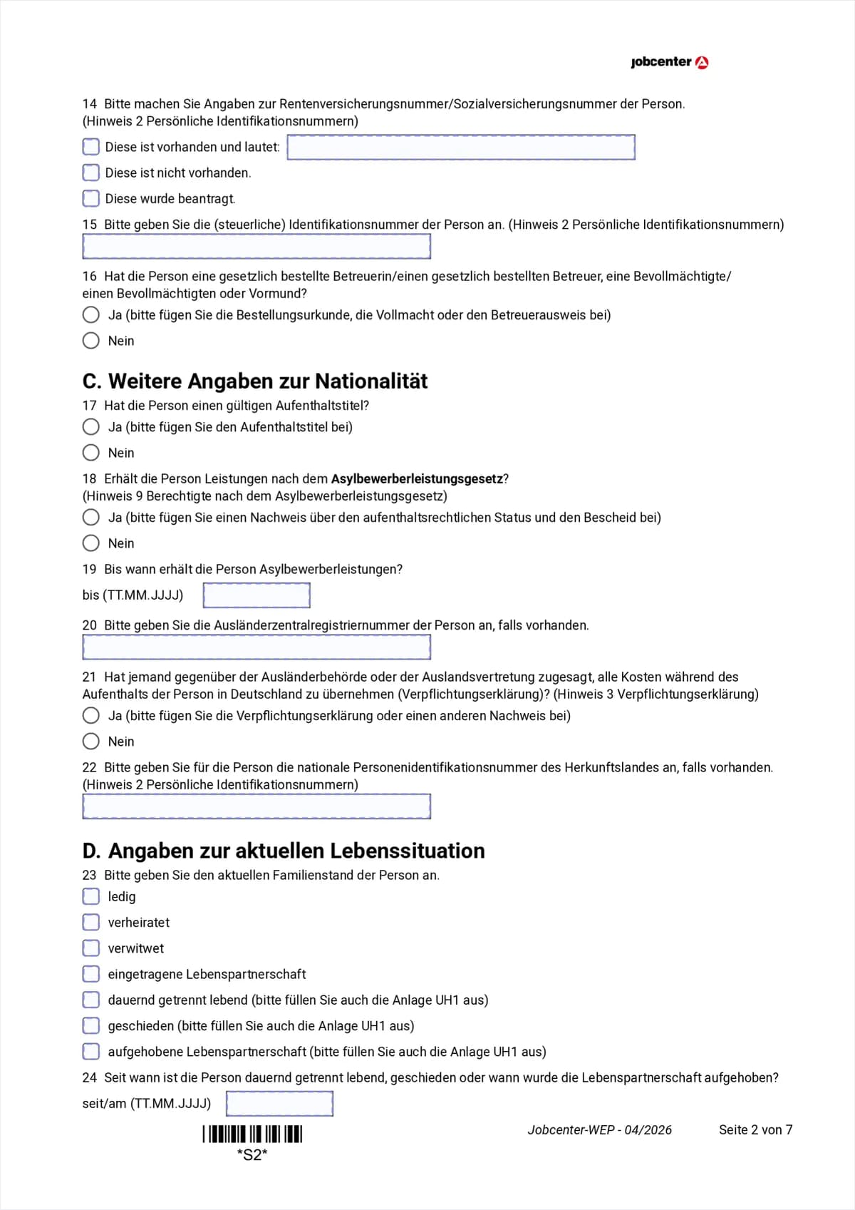Anlage WEP Seite 2: Rentenversicherungsnummer, Steuer-ID, Abschnitt C Nationalität, Abschnitt D Familienstand, Punkte 14 bis 24