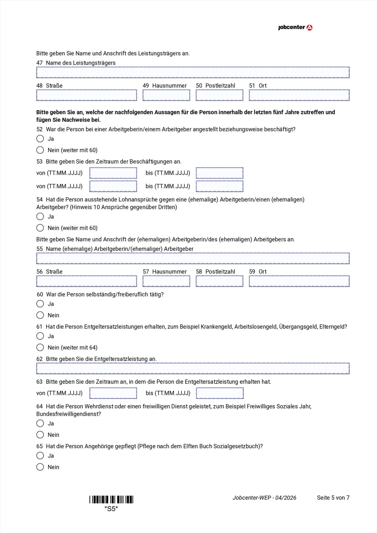 Anlage WEP Seite 5: früherer Leistungsträger, Beschäftigungen, Entgeltersatzleistungen, Wehrdienst, Pflege, Punkte 47 bis 65