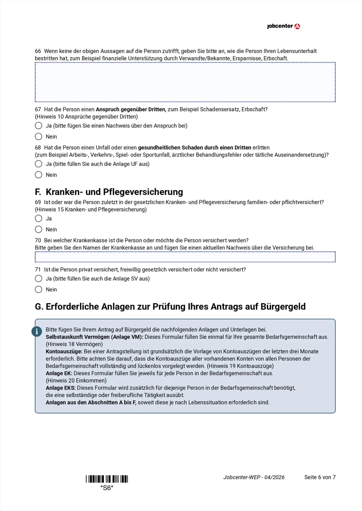 Anlage WEP Seite 6: Lebensunterhalt, Ansprüche gegen Dritte, Krankenversicherung, Anlagenliste, Punkte 66 bis 71