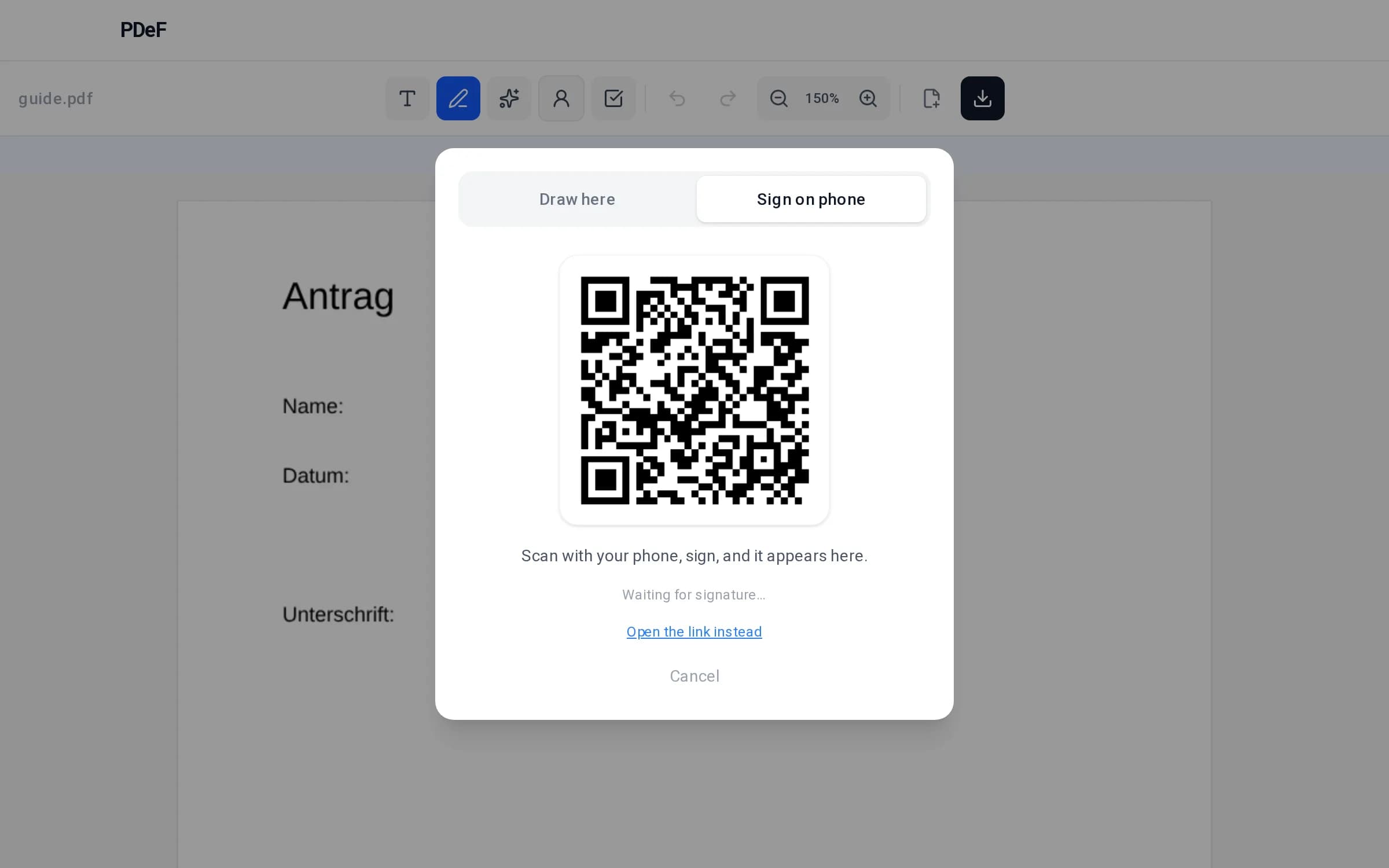 QR-Code im PDeF-Editor für die Unterschrift mit dem Handy