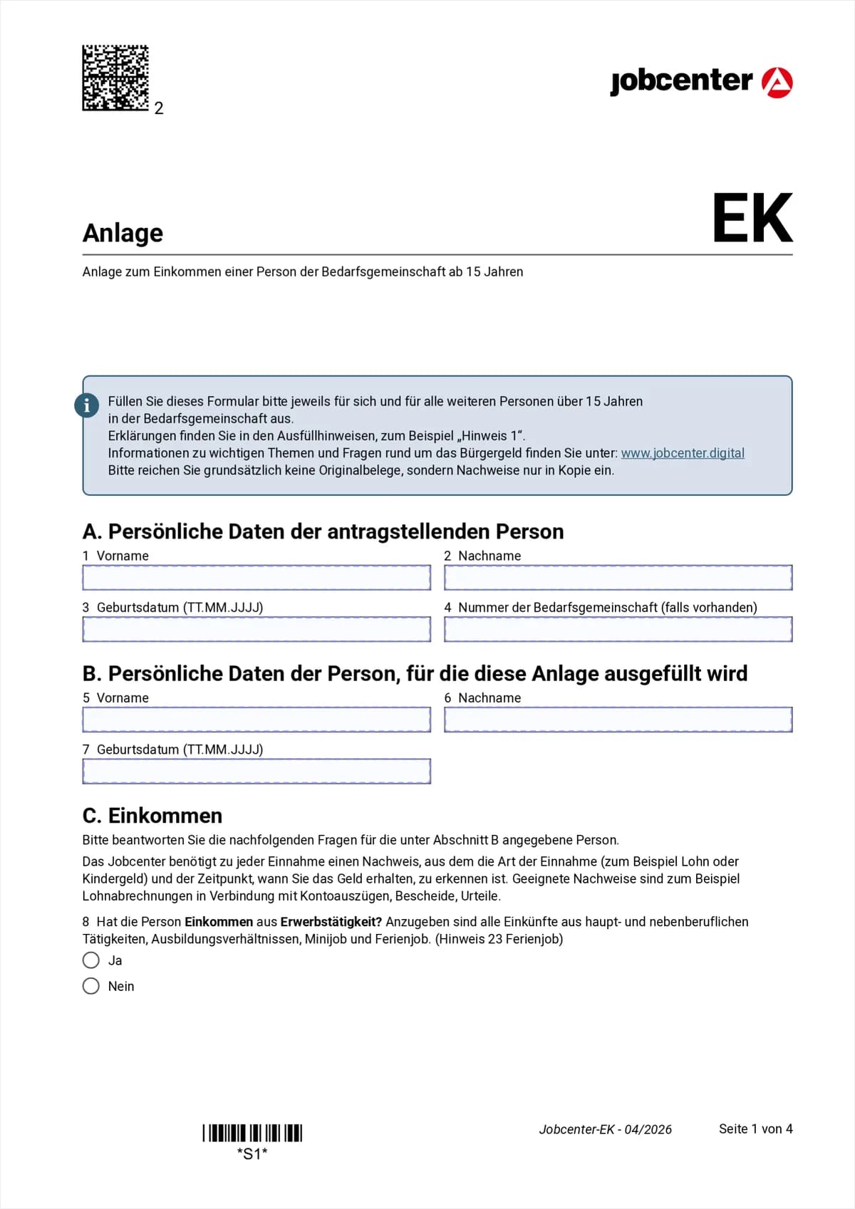 Anlage EK Seite 1: Abschnitt A antragstellende Person, Abschnitt B die Person dieser Anlage, Punkte 1 bis 8