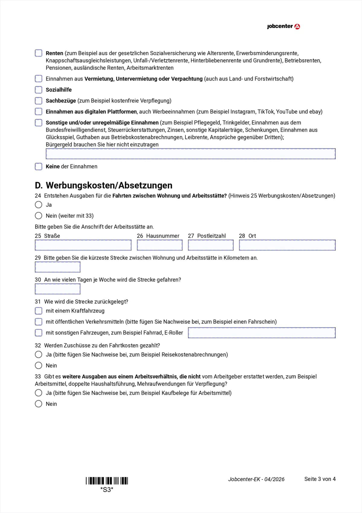 Anlage EK Seite 3: weitere Einnahmen, Fahrtkosten und Versicherungen, Punkte 24 bis 34
