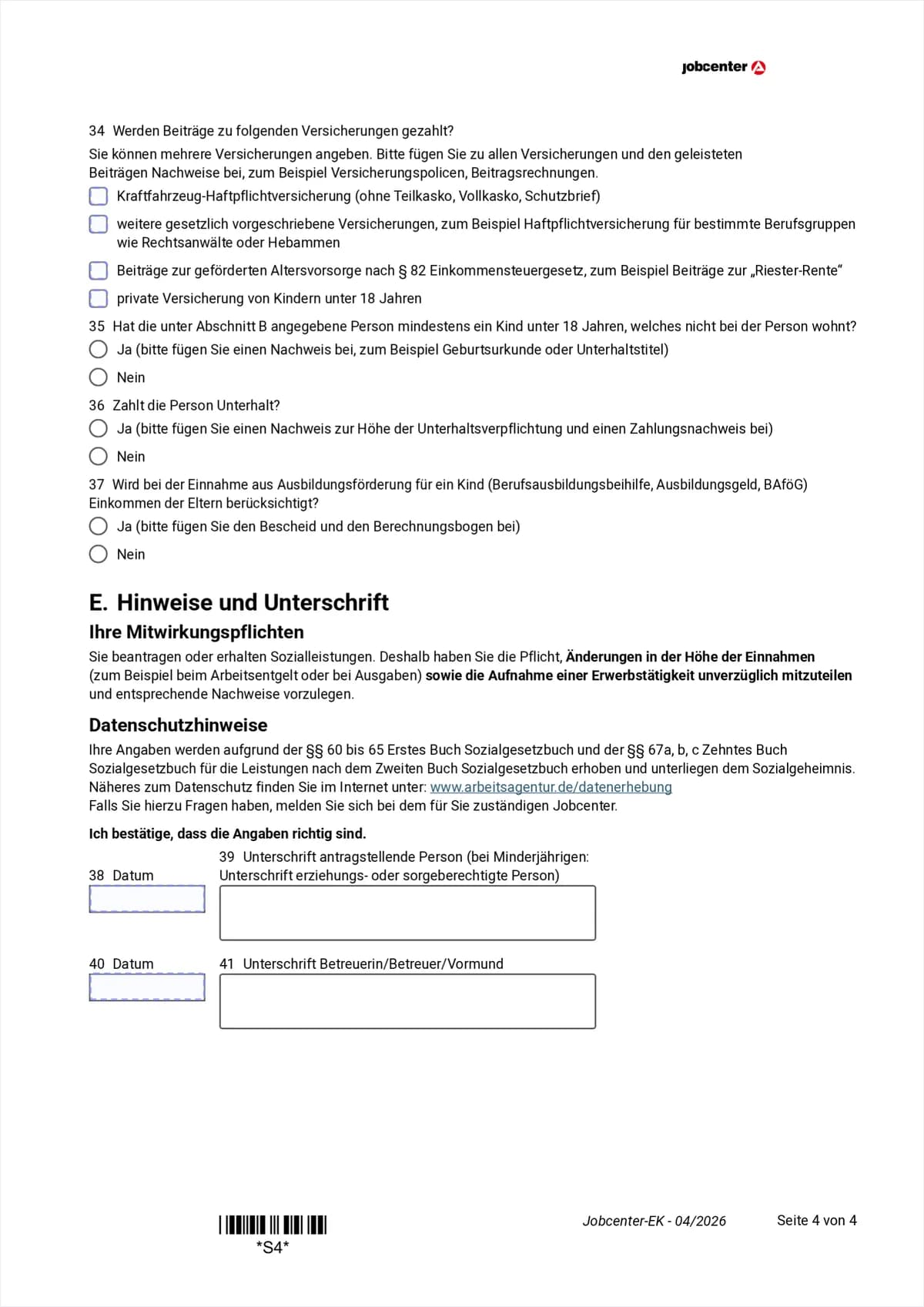 Anlage EK Seite 4: Kinder außerhalb des Haushalts, Unterhalt, Ausbildungsförderung und Unterschrift, Punkte 35 bis 41