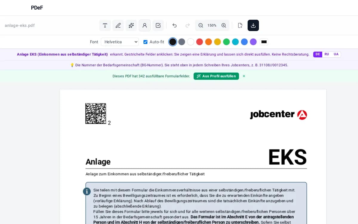 Anlage EKS im PDeF-Editor: erkanntes Formular mit Zeilenerklärung und BG-Nummer-Hinweis