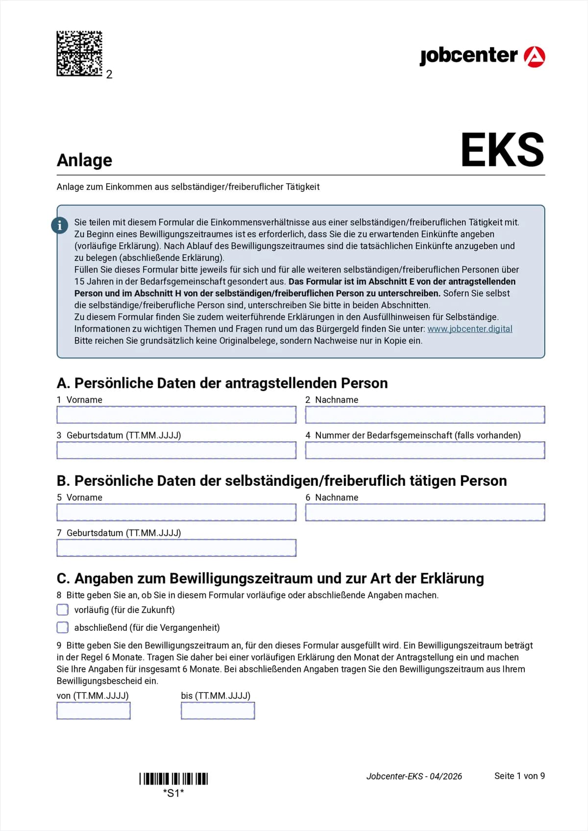 Anlage EKS Seite 1: Abschnitt A antragstellende Person, Abschnitt B selbständige Person, Abschnitt C Bewilligungszeitraum, Punkte 1 bis 9