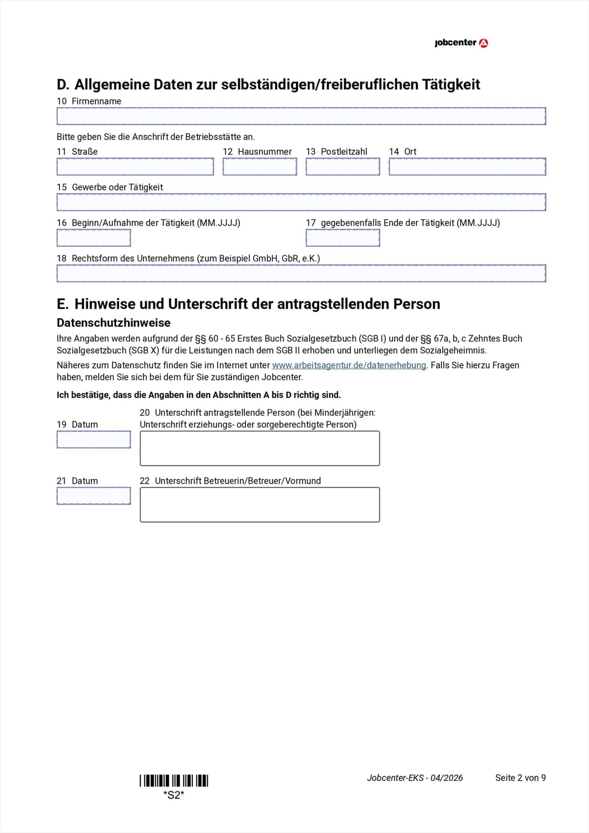 Anlage EKS Seite 2: Abschnitt D Betriebsdaten und Abschnitt E mit der Unterschrift der antragstellenden Person, Punkte 10 bis 22