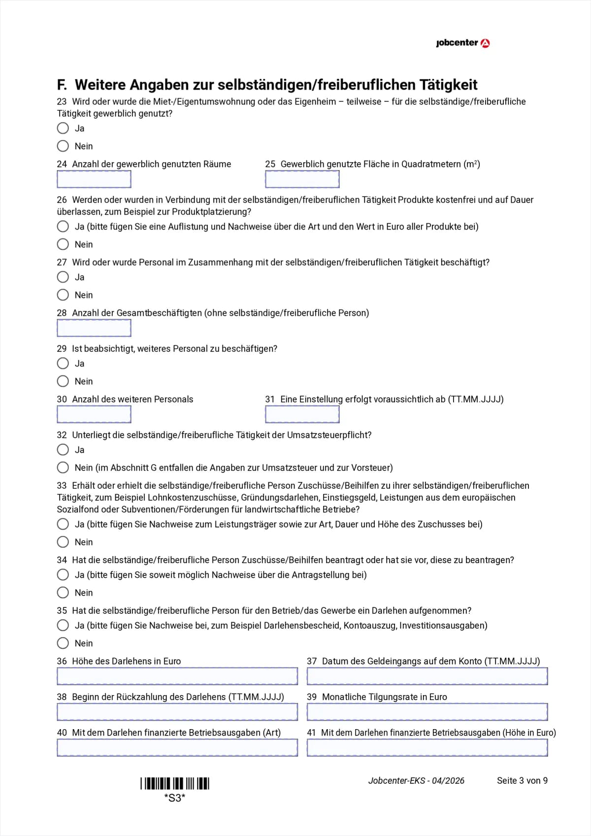 Anlage EKS Seite 3: Abschnitt F mit Fragen zu gewerblicher Nutzung, Personal, Umsatzsteuerpflicht, Zuschüssen und Darlehen, Punkte 23 bis 41