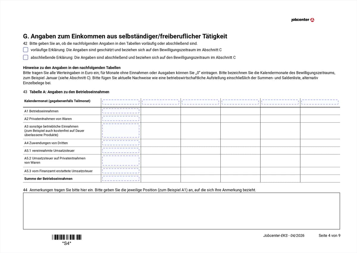 Anlage EKS Seite 4: Tabelle A mit den Betriebseinnahmen je Kalendermonat, Punkte 42 bis 44