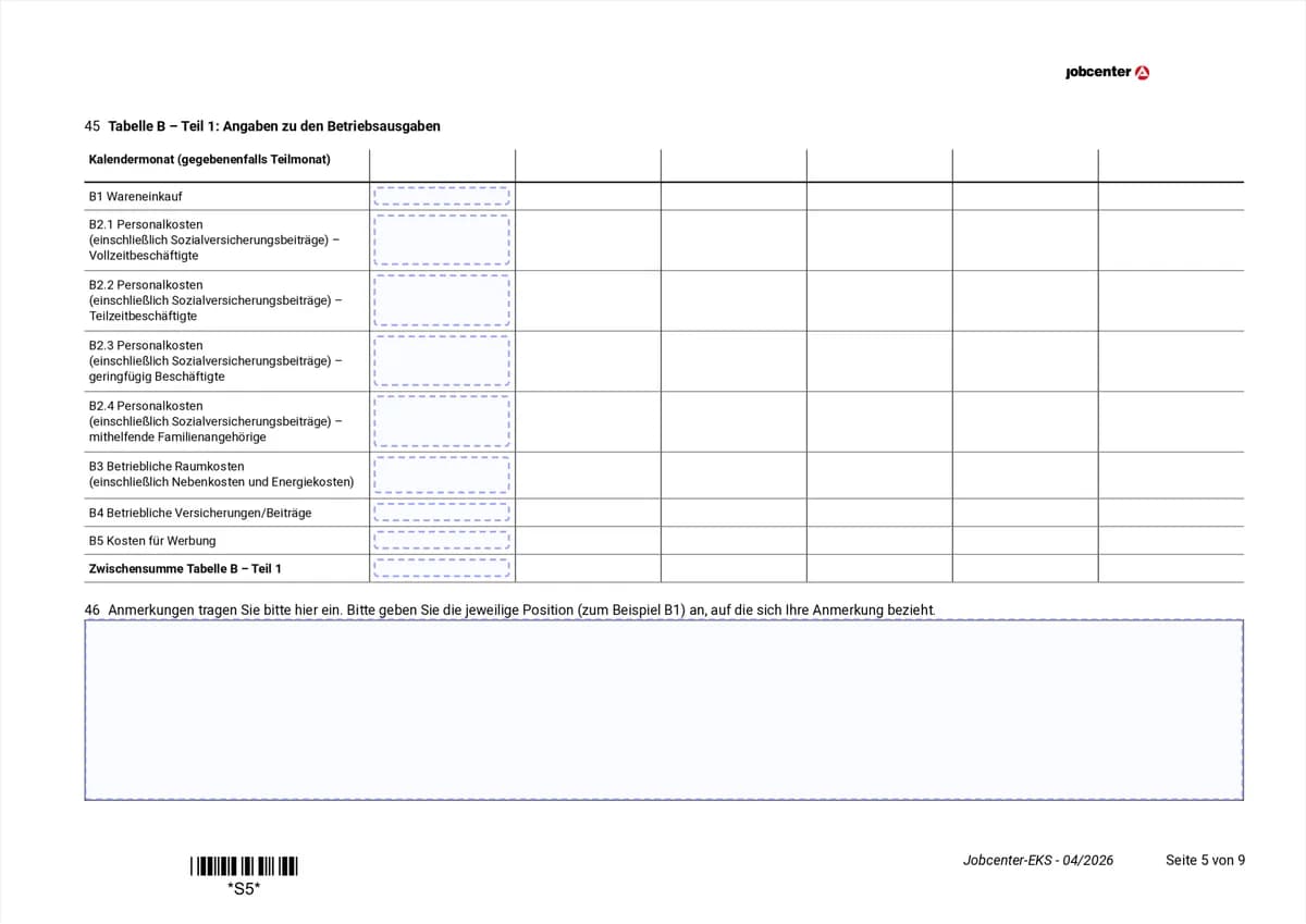 Anlage EKS Seite 5: Tabelle B Teil 1 mit Wareneinkauf, Personalkosten und Raumkosten je Monat