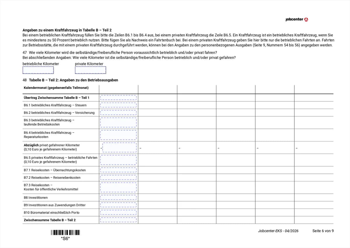 Anlage EKS Seite 6: Tabelle B Teil 2 mit Fahrzeugkosten, Werbung, Investitionen und die Kilometeraufteilung