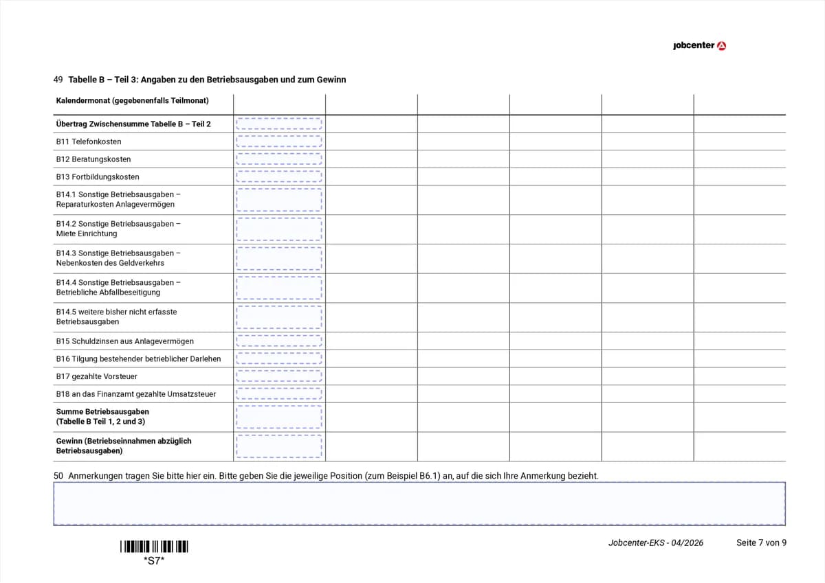 Anlage EKS Seite 7: Tabelle B Teil 3 mit den restlichen Ausgaben, der Summe der Betriebsausgaben und dem Gewinn