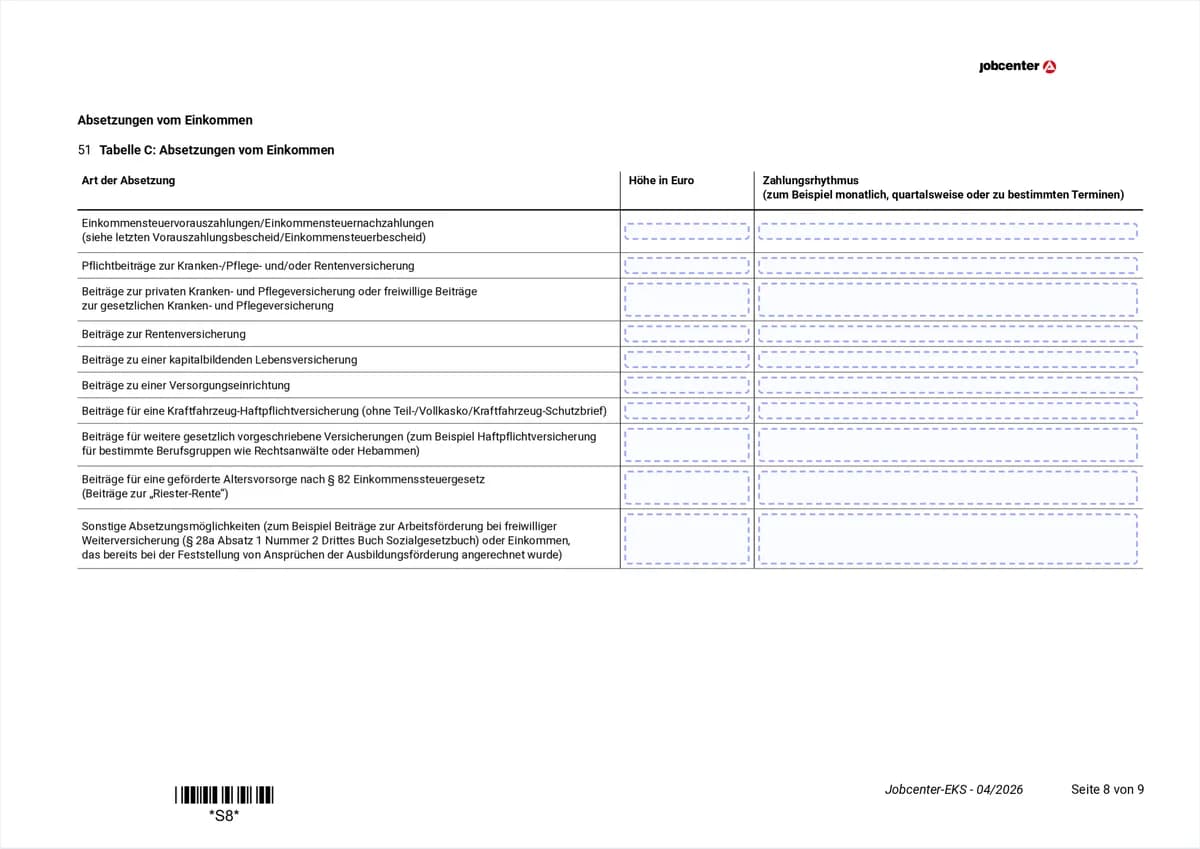 Anlage EKS Seite 8: Tabelle C mit den Absetzungen vom Einkommen, Punkt 51