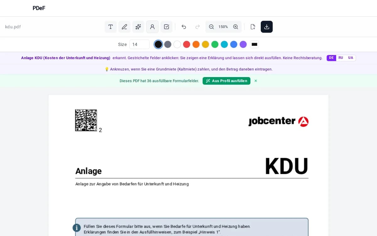 Anlage KDU im PDeF-Editor: erkanntes Formular mit Felderklärung zu Miete und Heizung